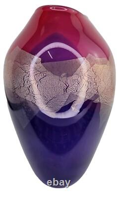 Sigwarth Art Glass Studio Silver Leaf Pink Purple Abstract Vase Hand Blown