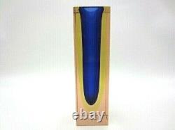 Space age blue amber in pink Murano geometric sommerso art glass block vase