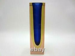 Space age blue amber in pink Murano geometric sommerso art glass block vase