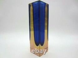 Space age blue amber in pink Murano geometric sommerso art glass block vase