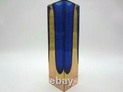 Space age blue amber in pink Murano geometric sommerso art glass block vase