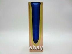 Space age blue amber in pink Murano geometric sommerso art glass block vase