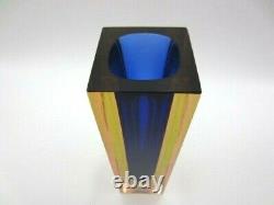 Space age blue amber in pink Murano geometric sommerso art glass block vase