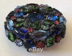 Spectacular! SCHREINER NEW YORK Blue, Green& Pink Open Back Art Glass Brooch