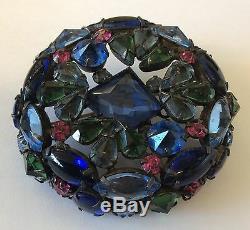 Spectacular! SCHREINER NEW YORK Blue, Green& Pink Open Back Art Glass Brooch