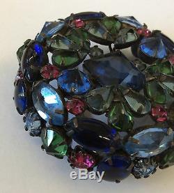 Spectacular! SCHREINER NEW YORK Blue, Green& Pink Open Back Art Glass Brooch