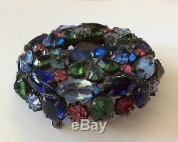 Spectacular! SCHREINER NEW YORK Blue, Green& Pink Open Back Art Glass Brooch