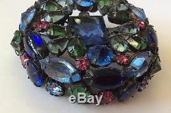 Spectacular! SCHREINER NEW YORK Blue, Green& Pink Open Back Art Glass Brooch