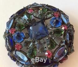 Spectacular! SCHREINER NEW YORK Blue, Green& Pink Open Back Art Glass Brooch