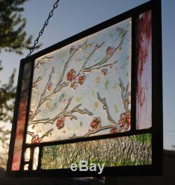Stained Glass Window Abstract Panel Spring Blossoms pink green turquoise