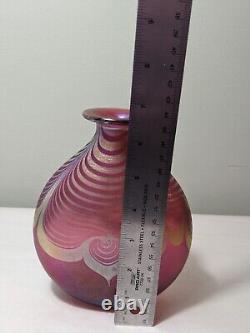 Steve Correia Signed Cranberry Pink Red Feather Pulled Art Glass Vase 1981