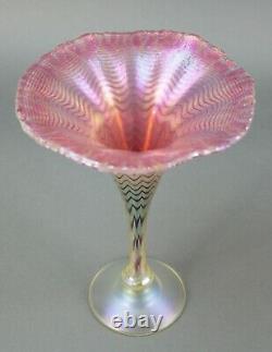 Steven Correia Signed Iridescent Pink Cranberry 9 Art Glass Trumpet Vase 1982