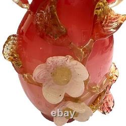 Stevens & Williams Pink Victorian Applied Floral Vase, Art Glass 8.5
