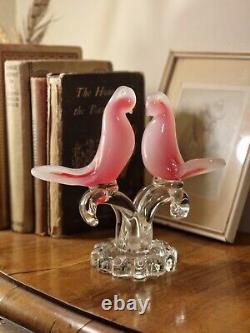 Striking Vintage Murano Italian Art Glass Pink Opaline Birds on Branch Figurine