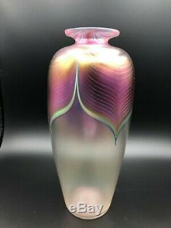 Stuart Abelman 1982 Art Studio Glass Iridescent Pink Vase, Signed, 11 T x 5 W