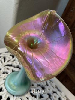 Stuart Abelman Jack in the Pulpit Iridescent Pink Art Glass Vase 10 inch Signed