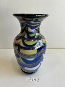 Studio Art Glass Vase, Pink, Green, Blue & Gold, Signed, 9 3/4 Tall, 5 Widest