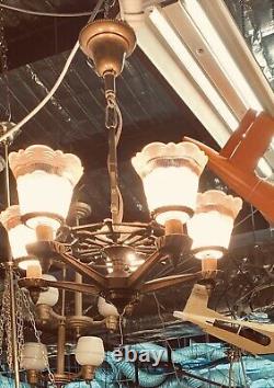 Stunning 5 Bulb Art Deco Ceiling Light with Pink Glass Shades