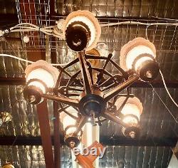 Stunning 5 Bulb Art Deco Ceiling Light with Pink Glass Shades