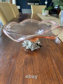 Stunning, Highly Unusual Murano Glass Fruit Display Bowl Pink & Chrome Pedestal