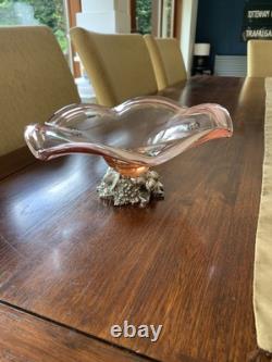 Stunning, Highly Unusual Murano Glass Fruit Display Bowl Pink & Chrome Pedestal