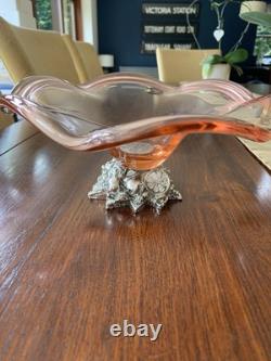 Stunning, Highly Unusual Murano Glass Fruit Display Bowl Pink & Chrome Pedestal