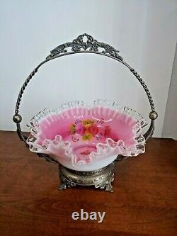 Stunning Silver Crest Pink Cased Handpainted Bride's Basket With Holder