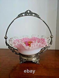 Stunning Silver Crest Pink Cased Handpainted Bride's Basket With Holder