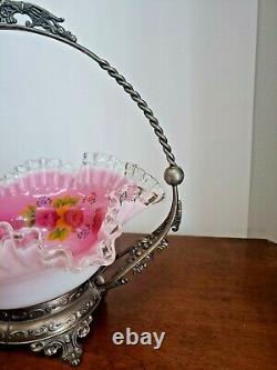 Stunning Silver Crest Pink Cased Handpainted Bride's Basket With Holder