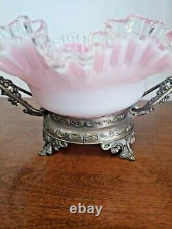 Stunning Silver Crest Pink Cased Handpainted Bride's Basket With Holder