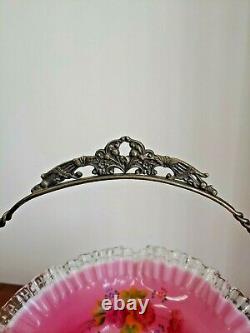 Stunning Silver Crest Pink Cased Handpainted Bride's Basket With Holder