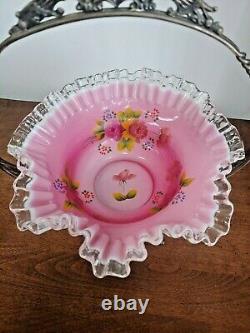 Stunning Silver Crest Pink Cased Handpainted Bride's Basket With Holder