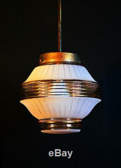 Stunning art deco C-1940s bronze & hand moulded gilt glass pendant light lantern