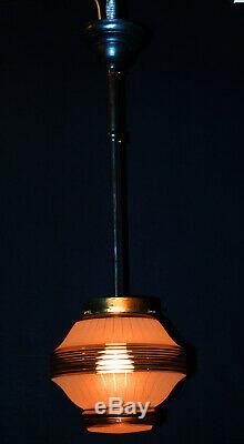 Stunning art deco C-1940s bronze & hand moulded gilt glass pendant light lantern