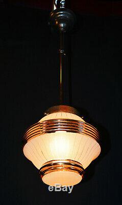 Stunning art deco C-1940s bronze & hand moulded gilt glass pendant light lantern