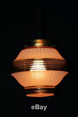 Stunning art deco C-1940s bronze & hand moulded gilt glass pendant light lantern