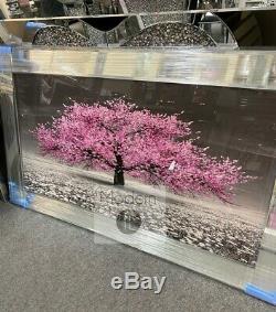 Stunning pink blossom tree 3D glitter art picture mirror frame