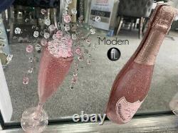 Stunning pink champagne 3D glitter art, champagne flutes in mirrored frame