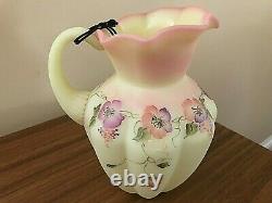 Superb Fenton Burmese 5.5 Pitcher Pansies Hand Painted By C. Griffitts