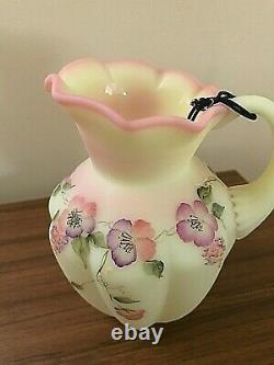 Superb Fenton Burmese 5.5 Pitcher Pansies Hand Painted By C. Griffitts