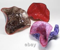 Superb Rare 3 Pcs Set Pink Shells Art Glass Signed Chihuly Style