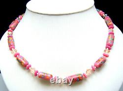 Superb Vintage Millefiori Lampwork Pink Art Glass Bead Necklace Japan Mid Cent