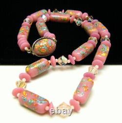 Superb Vintage Millefiori Lampwork Pink Art Glass Bead Necklace Japan Mid Cent