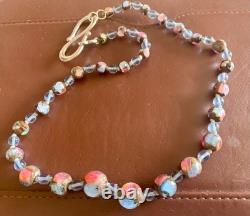 Superb vintage milky opalescent foil glass bead necklace in blues and pinks Superb vintage milky opalescent foil glass bead necklace in blues and pinks