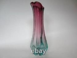 Tall 30cm hand-made pink and blue sommerso ribbed art glass vase