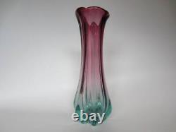 Tall 30cm hand-made pink and blue sommerso ribbed art glass vase