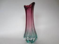 Tall 30cm hand-made pink and blue sommerso ribbed art glass vase