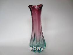 Tall 30cm hand-made pink and blue sommerso ribbed art glass vase