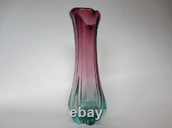 Tall 30cm hand-made pink and blue sommerso ribbed art glass vase