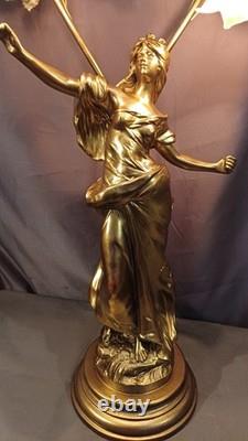 Tall Art Nouveau Auguste Moreau style figurine lamp. Frilled pink glass shades
